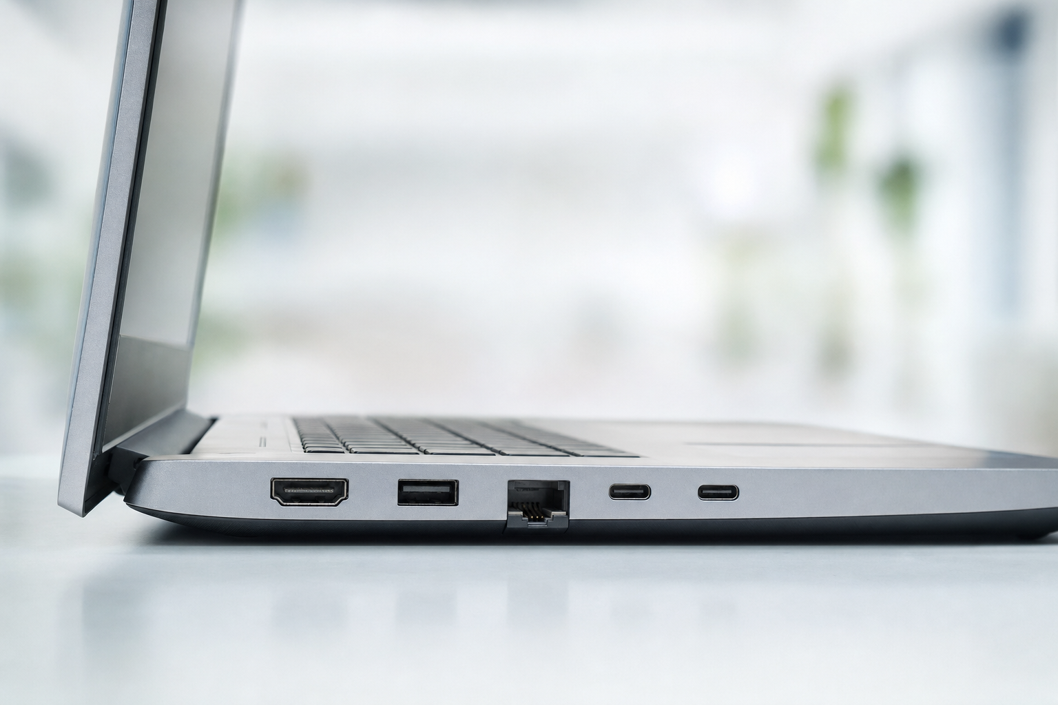 Business laptop side profile showing HDMI USB-A Ethernet and USB-C ports