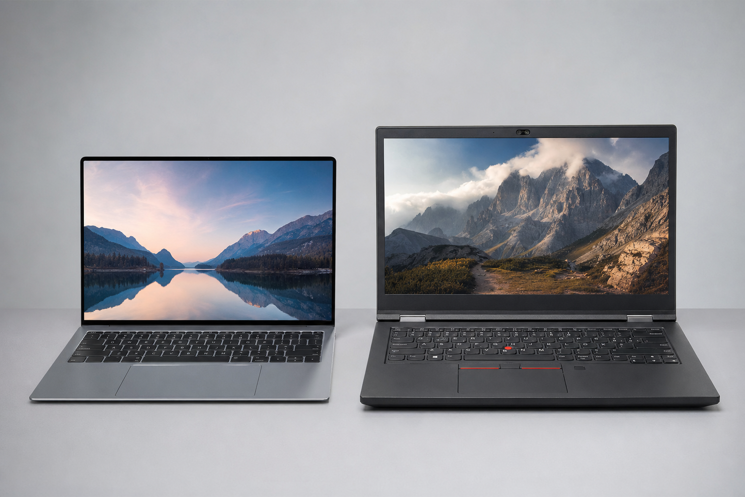 Open laptop comparison between slim consumer model and sturdy business notebook
