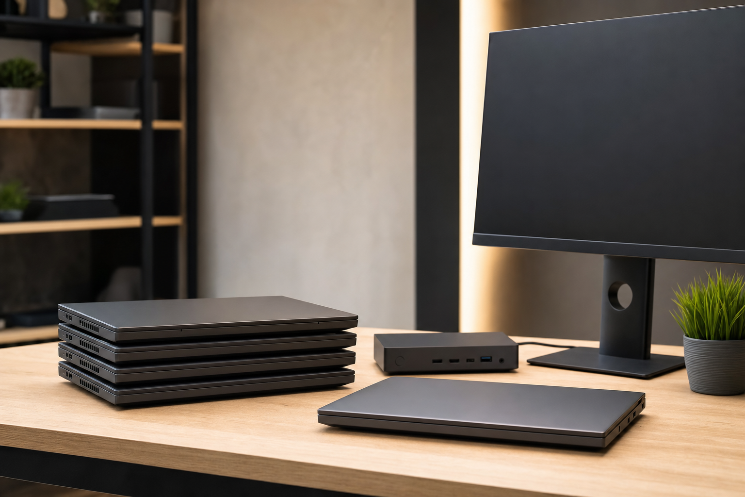 Used business laptops arranged on workbench beside dock and monitor