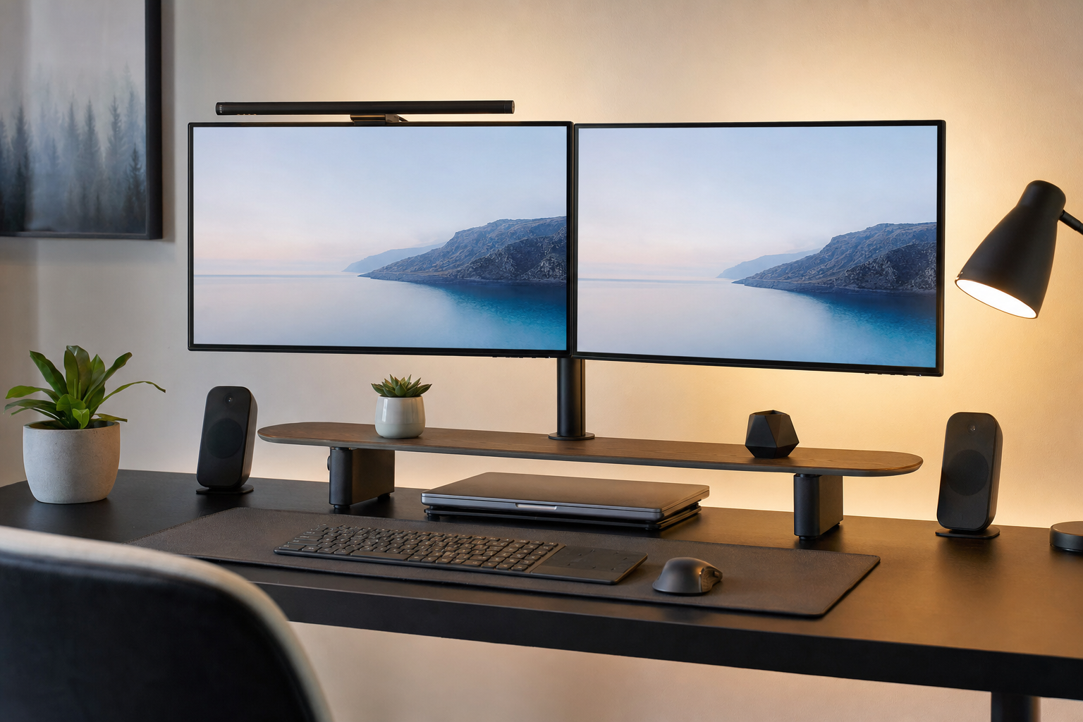 Dual-monitor home office with laptop dock under monitor stand