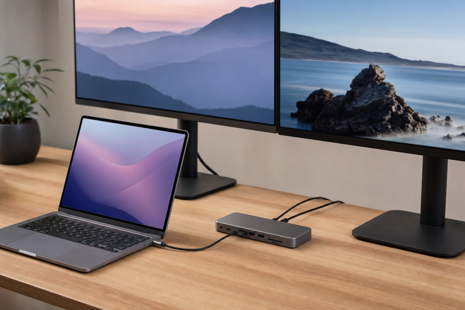 USB-C dock connected to laptop with dual monitors on desk