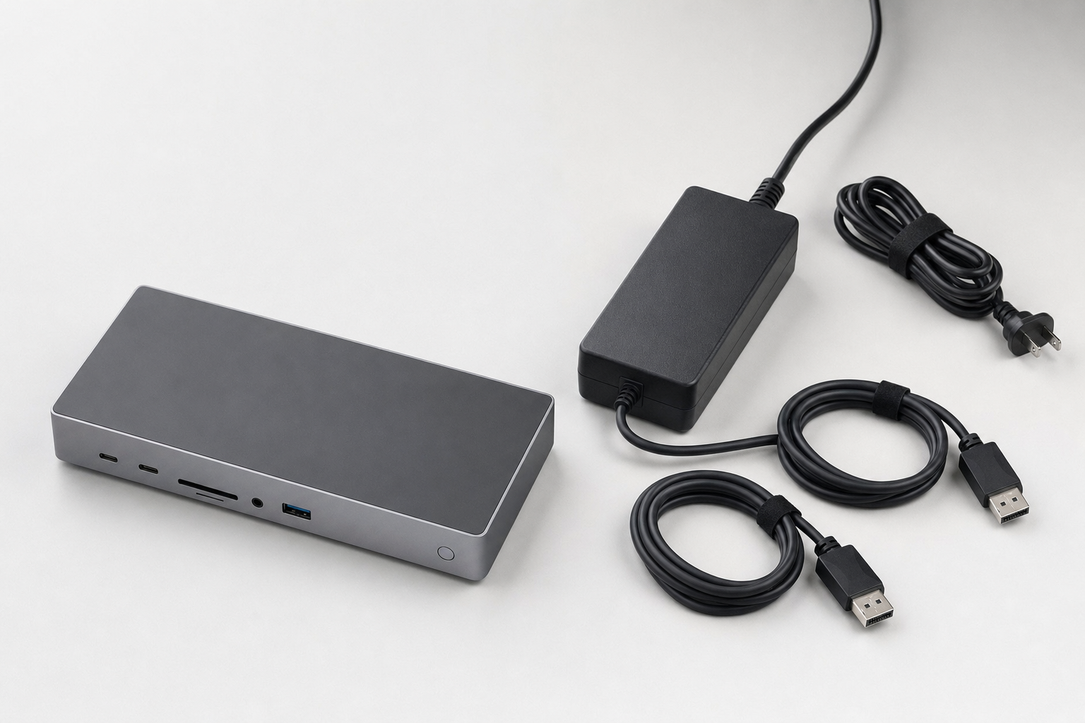 Used business dock beside power adapter and two monitor cables