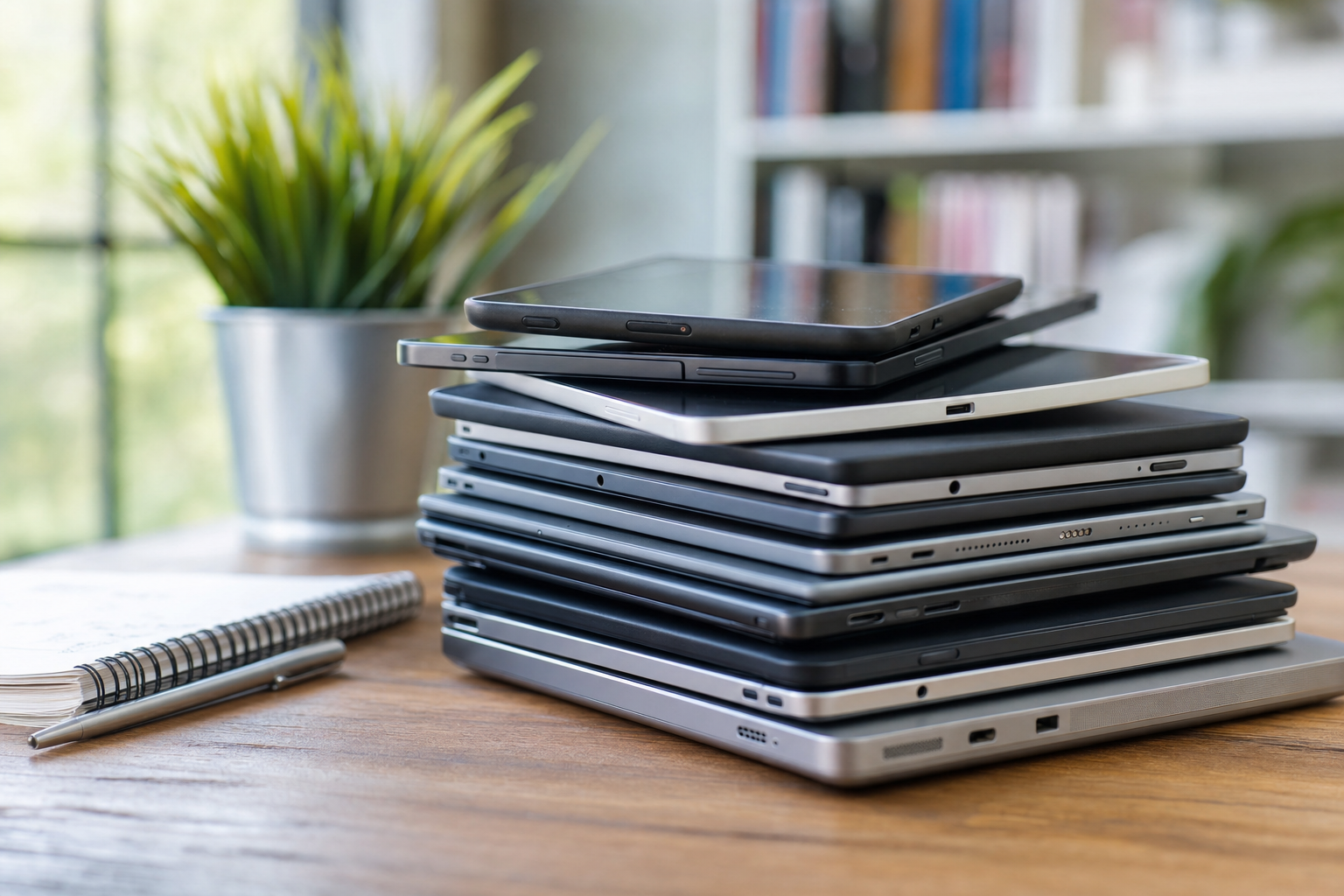 Stack of used tablets and laptops on a student study desk
