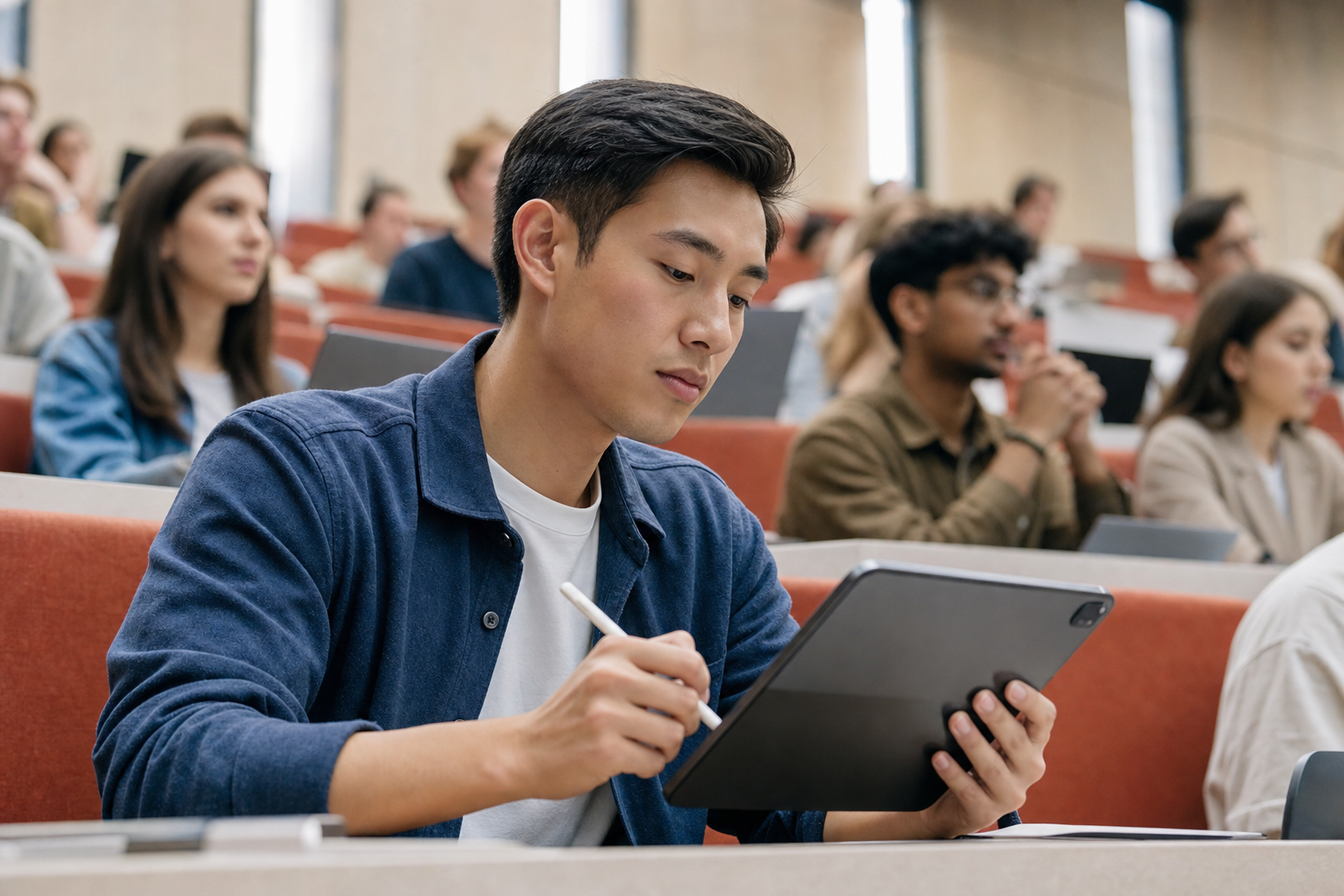 Student using an iPad with stylus in a college lecture hall