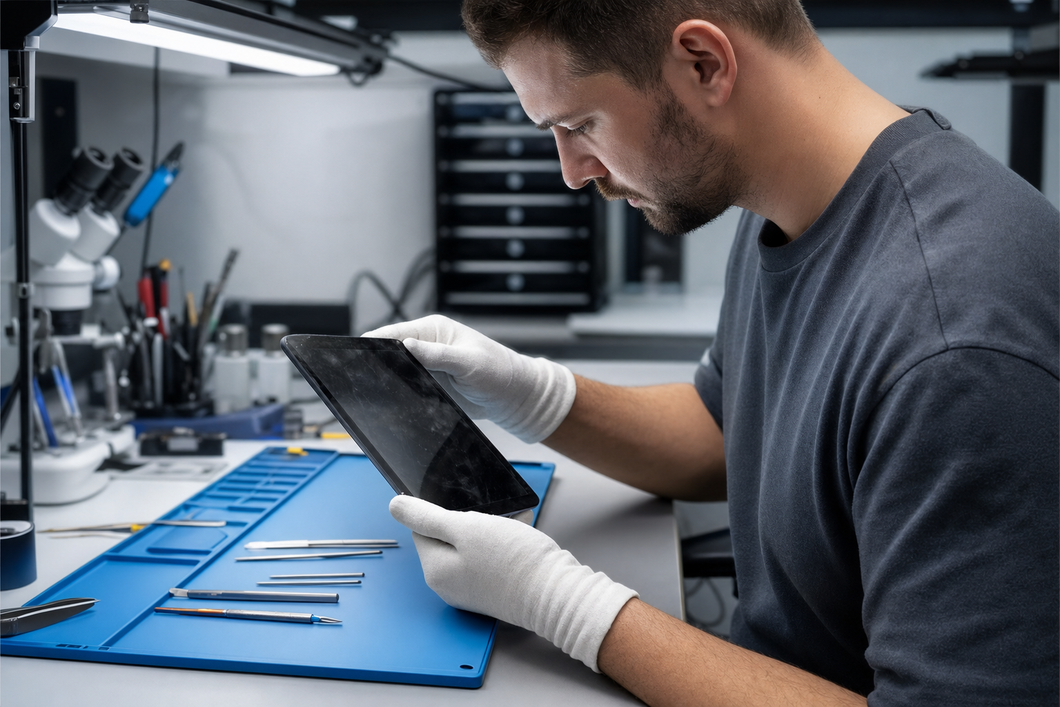 Used tablet being inspected by technician under bright workbench lighting