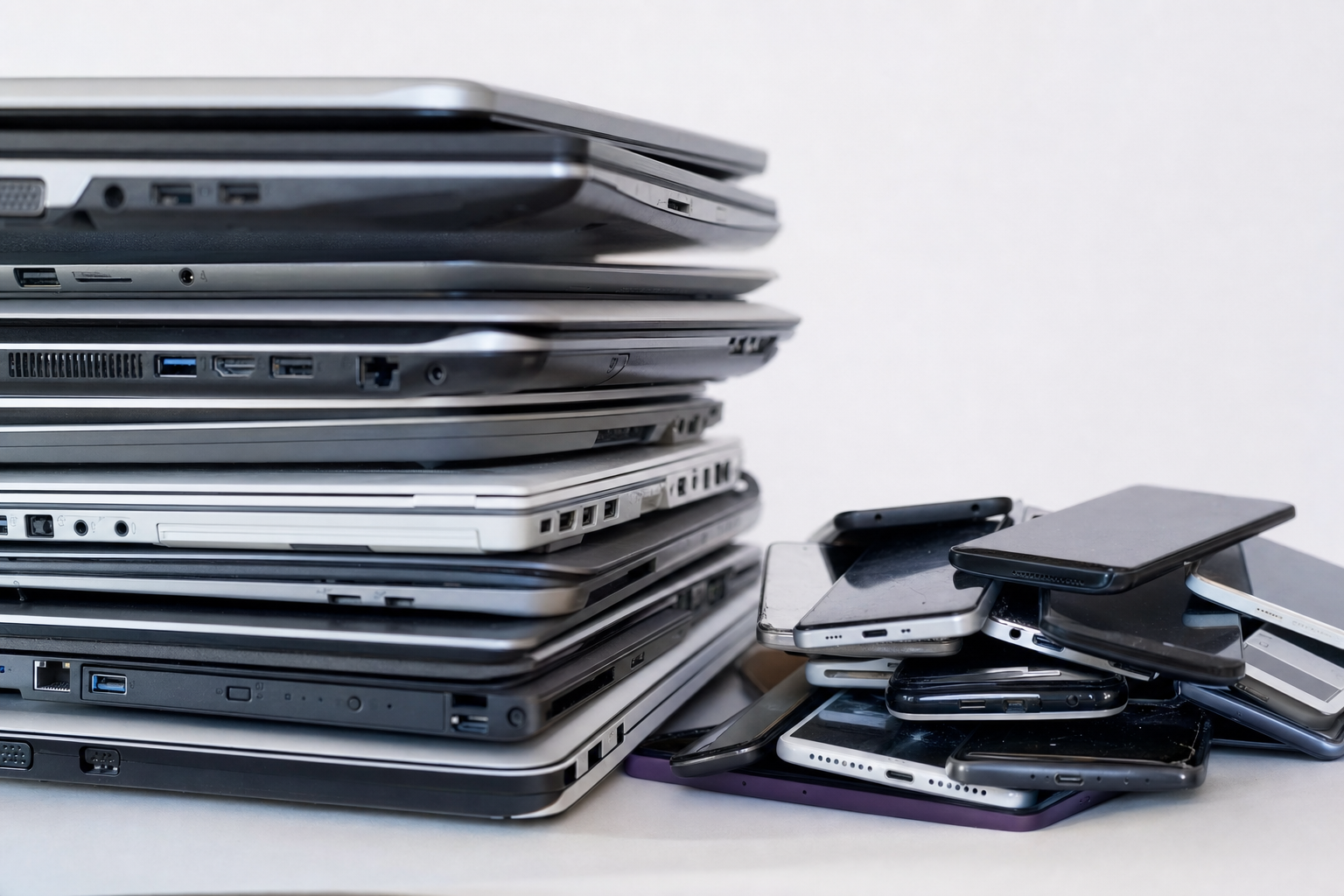 Stack of used laptops and phones sorted for reuse and recycling