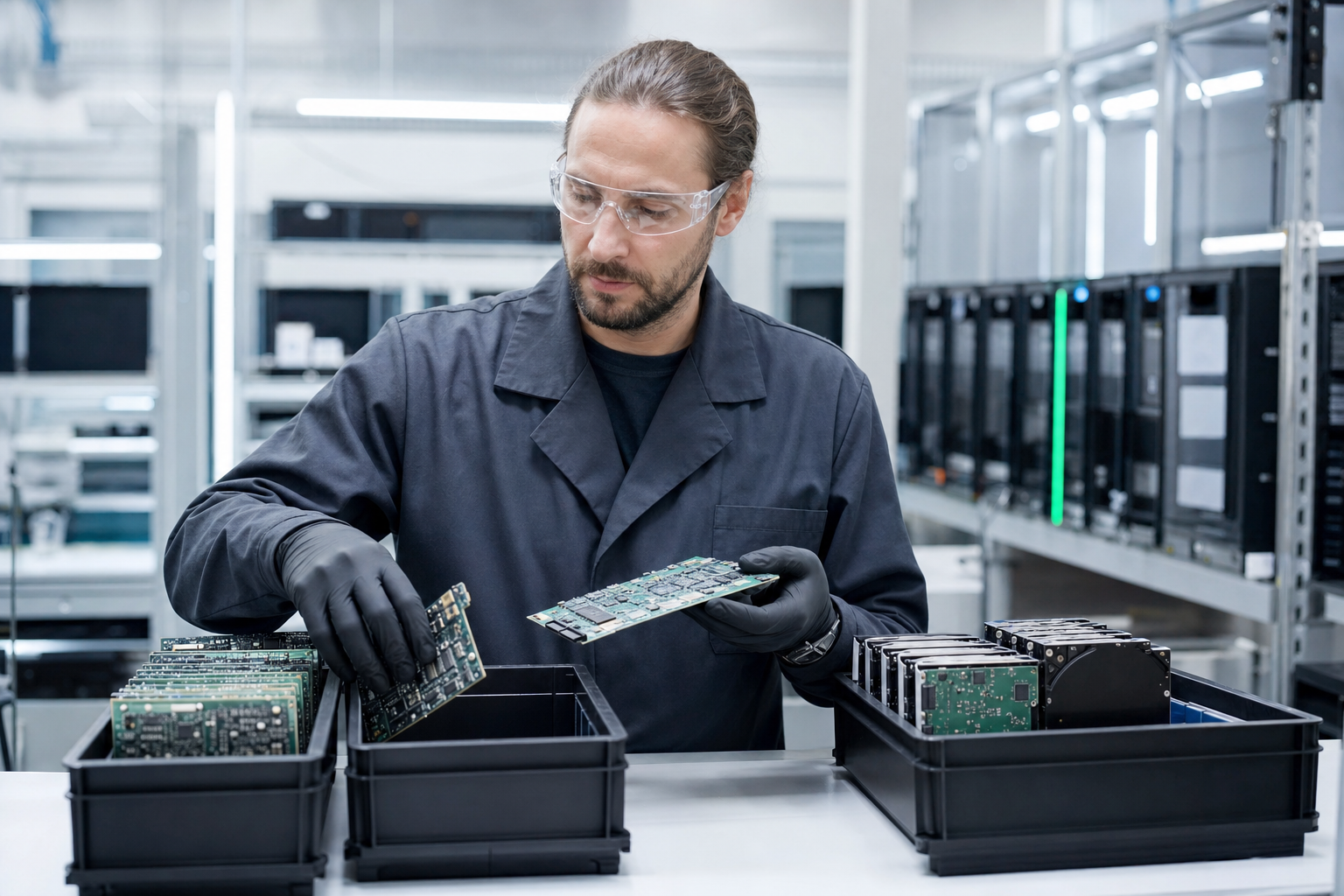 Technician sorting circuit boards and storage devices for secure downstream processing