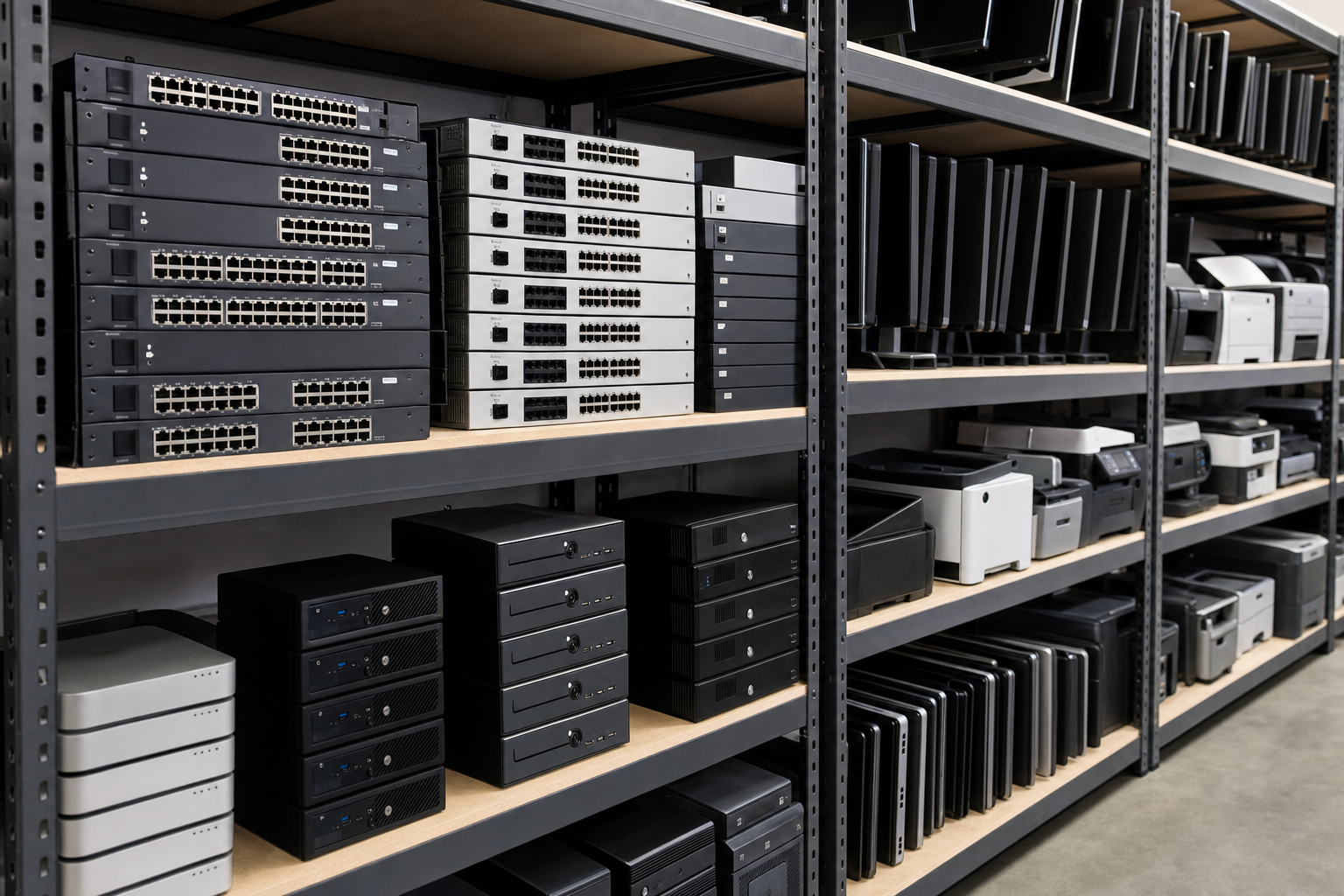 Warehouse shelving with tested networking and office electronics ready for resale
