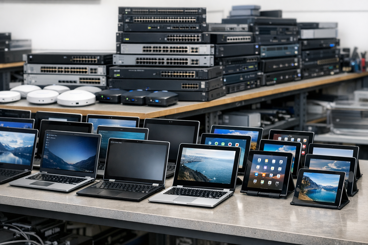Rows of tested used laptops tablets and networking gear on workbenches