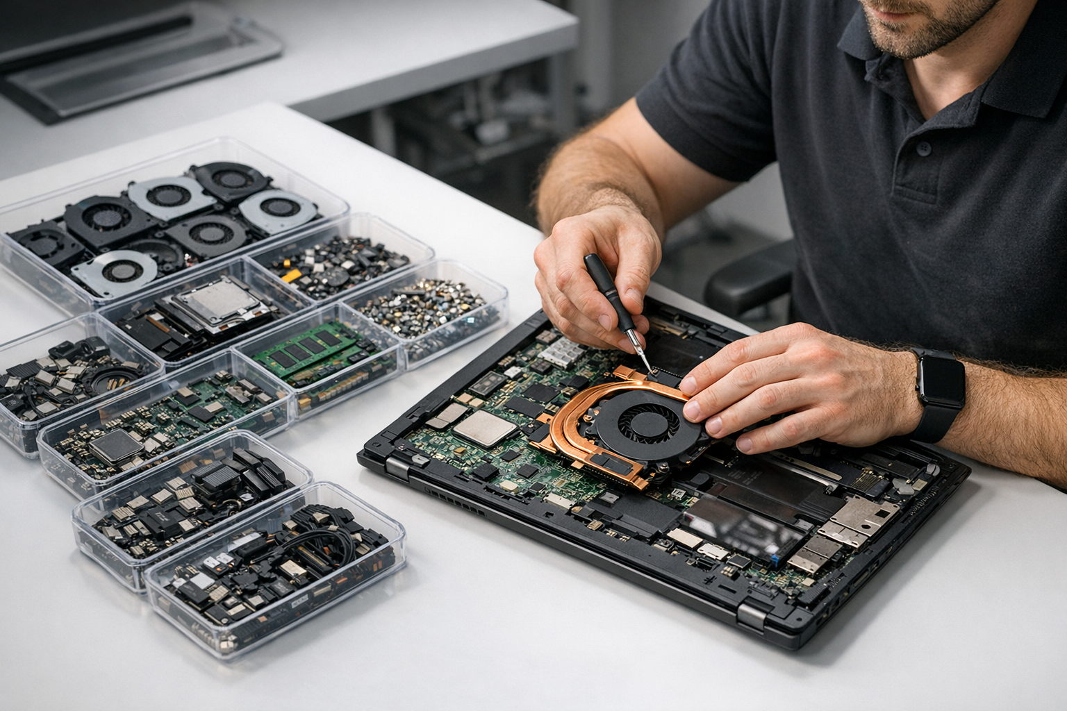 Technician installing reused laptop part beside trays of sorted components