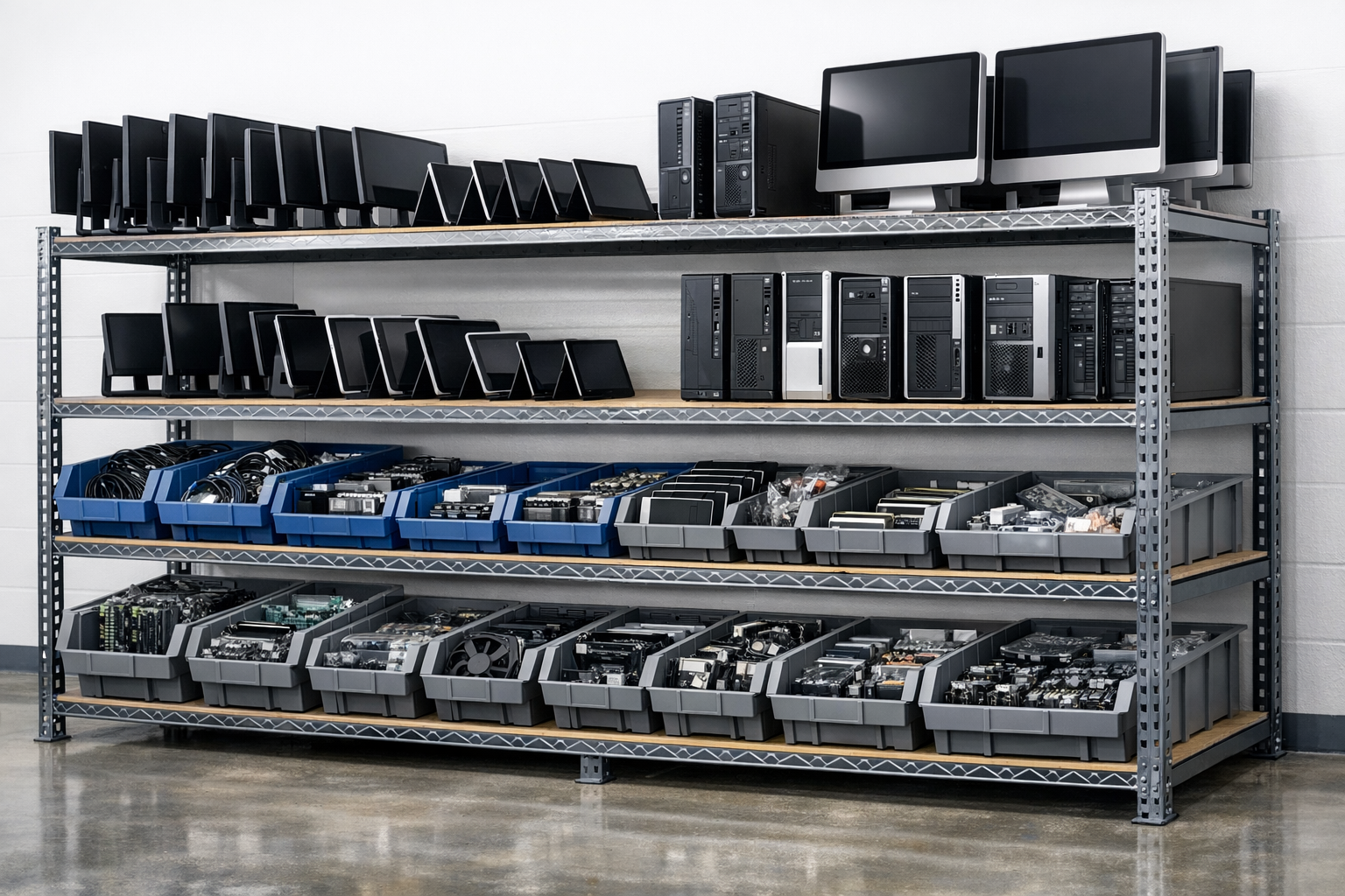Warehouse shelves holding sorted monitors tablets desktops and labeled spare parts bins