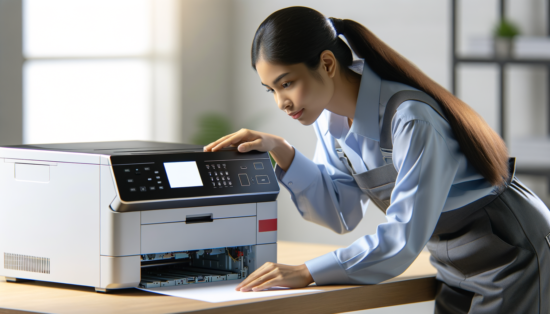 Technician inspecting a used office printer on a workbench for reuse