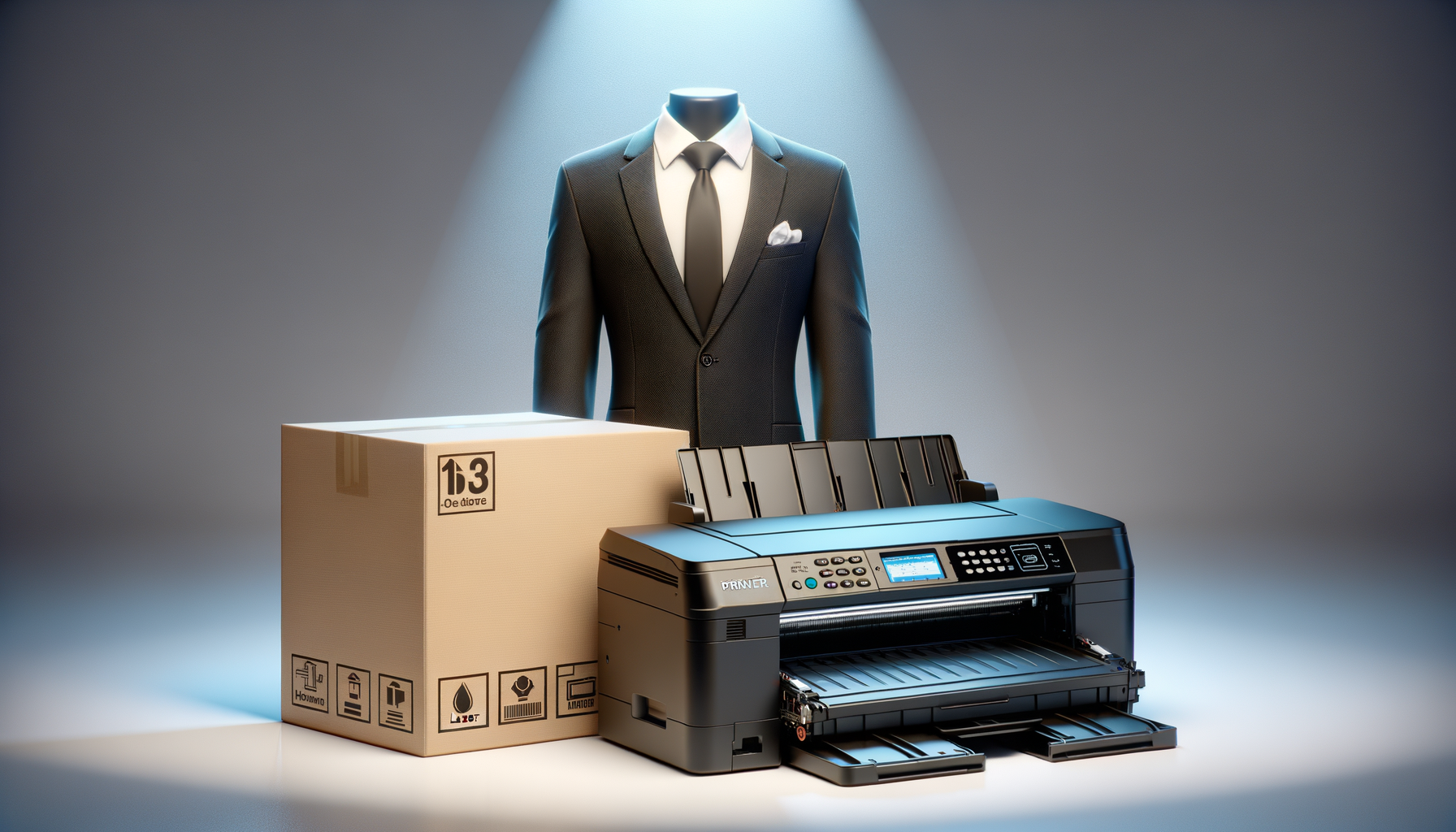 Used laser printer beside boxed toner cartridge prepared for resale