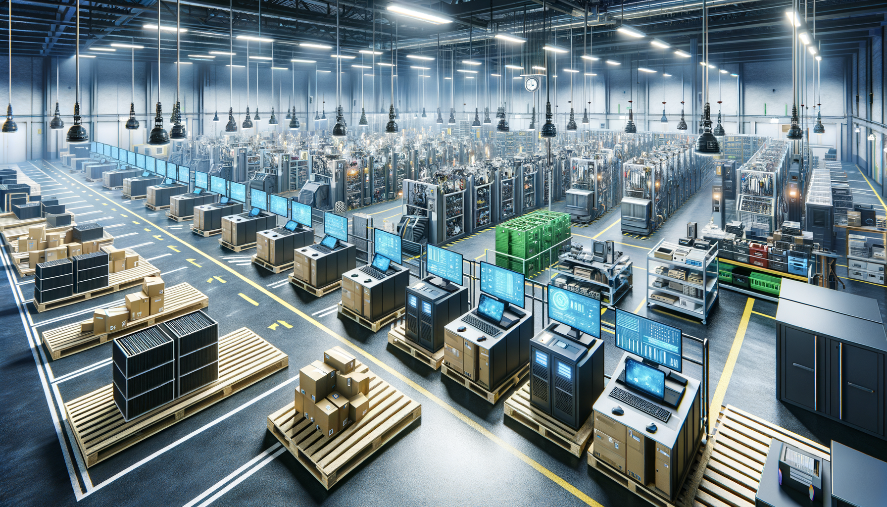 Secure electronics recycling facility with pallets, testing stations, and data destruction workflow