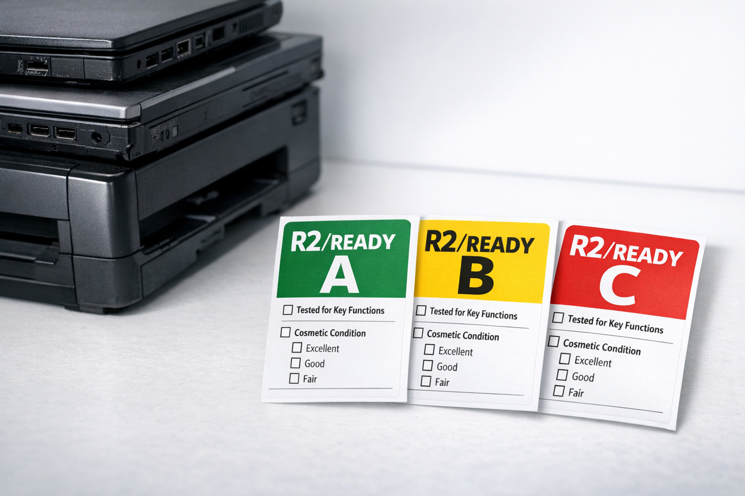 Close-up of printed R2 grading labels beside stacked used laptops and printers