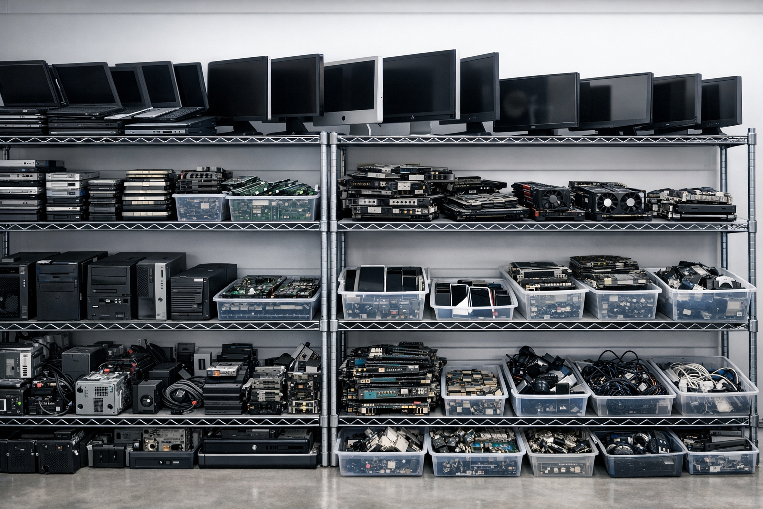 Shelves of sorted used electronics awaiting resale, parts recovery, and recycling