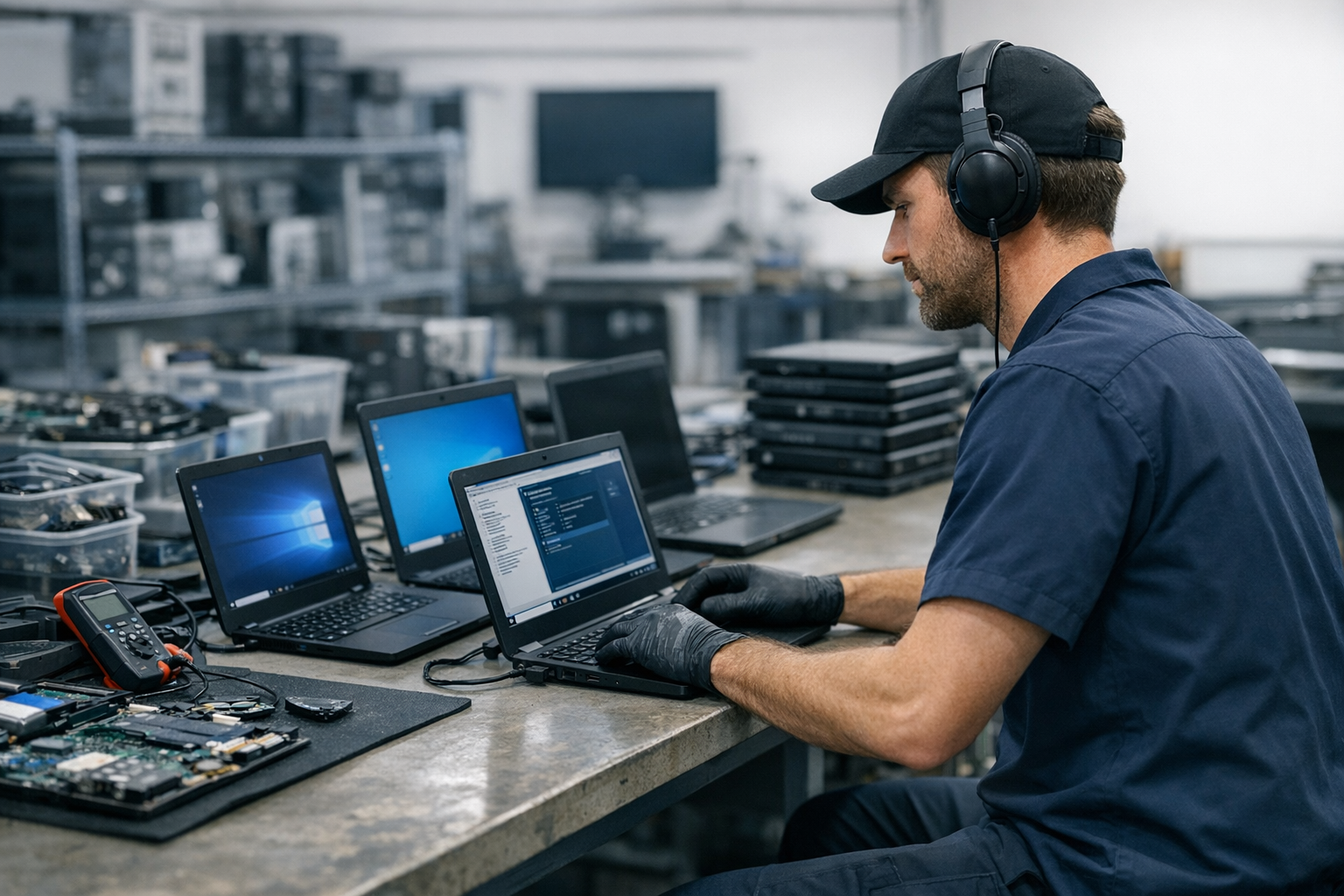 Technician testing used laptops on a workbench inside certified recycling facility