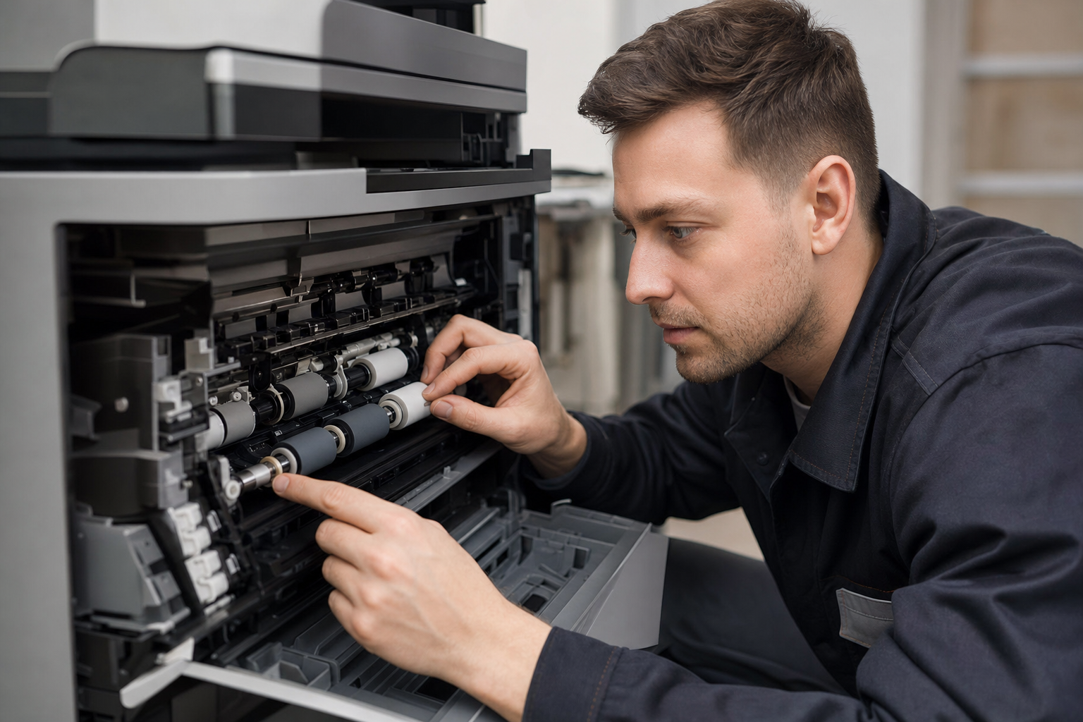 Printer technician inspecting paper pickup rollers inside monochrome laser printer