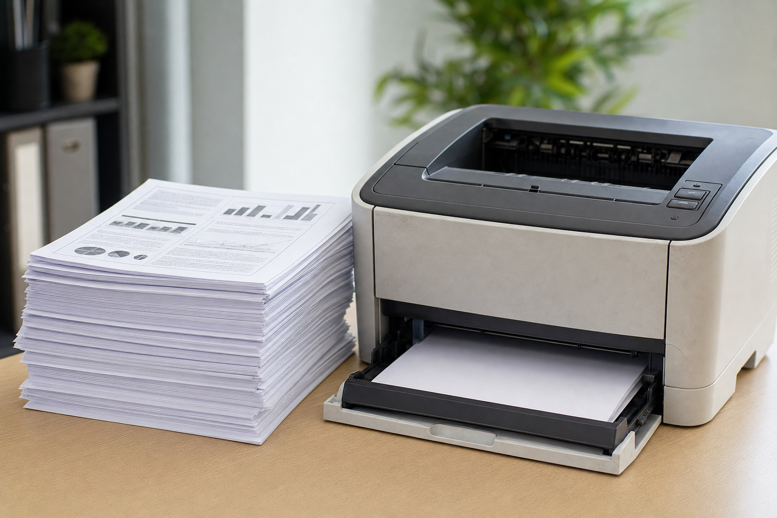 Stack of printed duplex office documents beside used HP laser printer