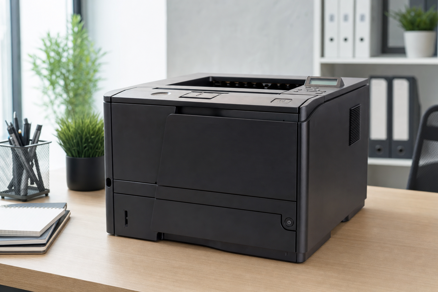 Used HP LaserJet Pro 400 M401dne printer on office desk