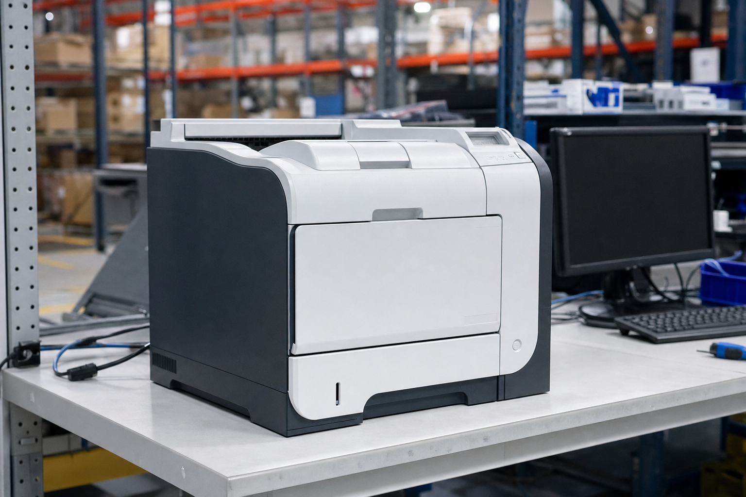 HP LaserJet P3015 monochrome office printer on a warehouse testing bench