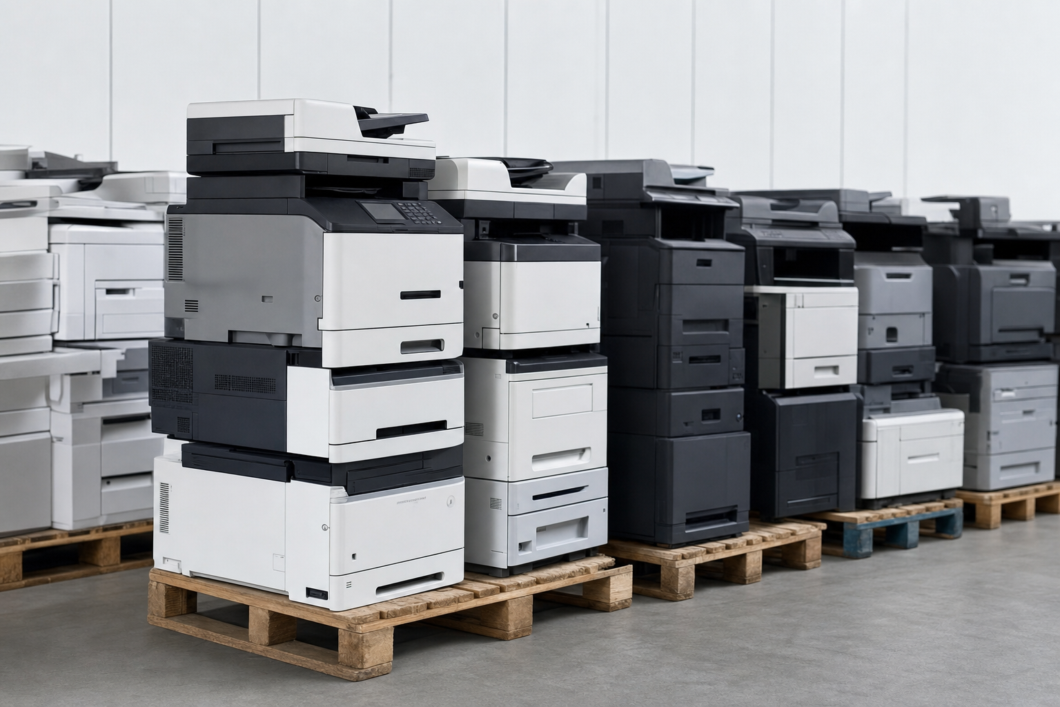 Stack of used enterprise printers prepared for resale in certified facility