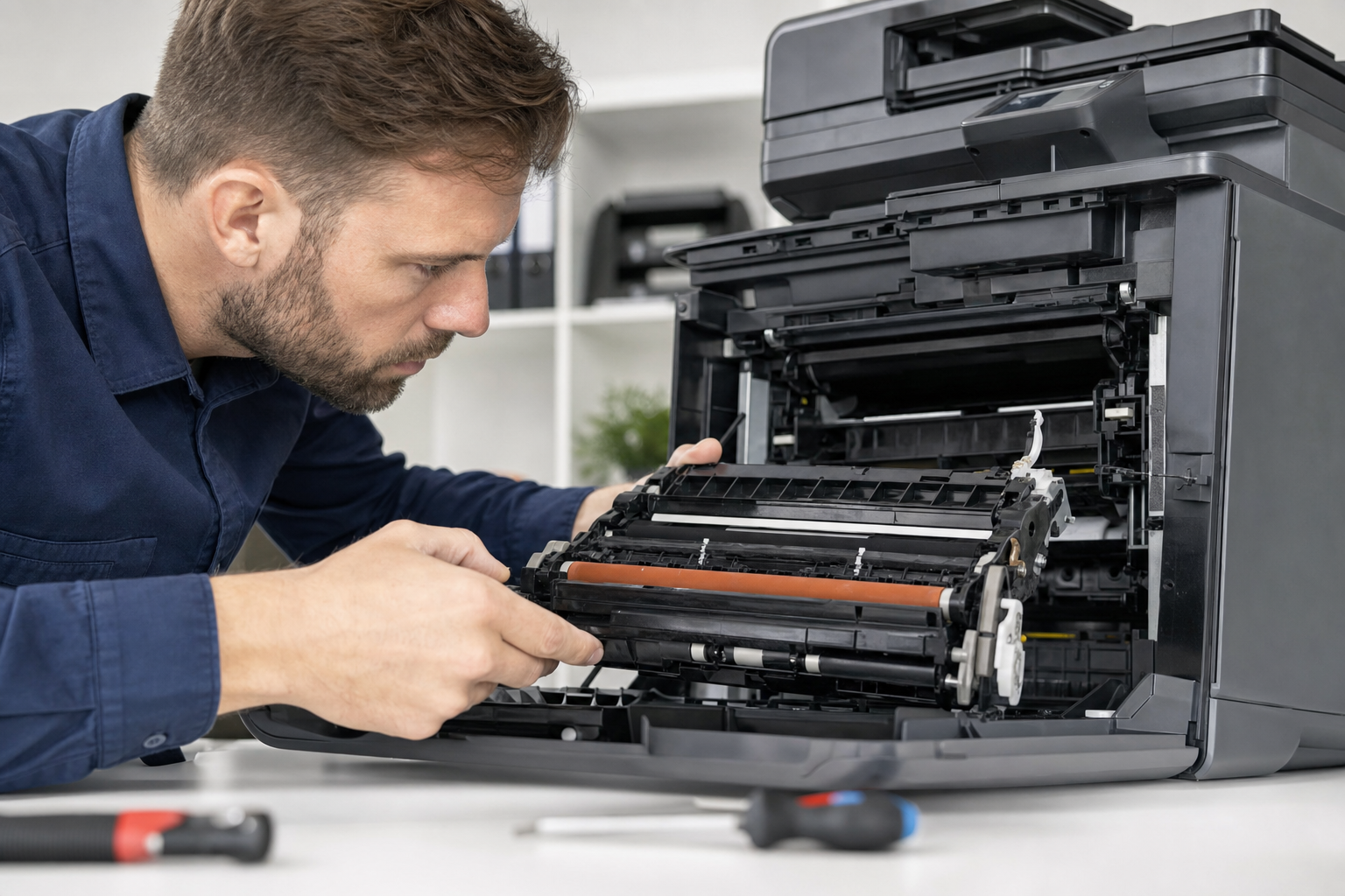 Technician inspecting laser printer fuser assembly and paper rollers