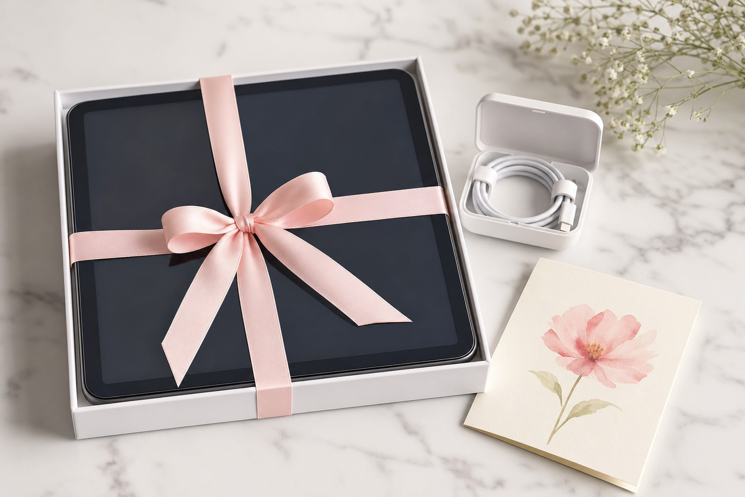 Wrapped tablet gift with charging cable case and handwritten Mother’s Day card