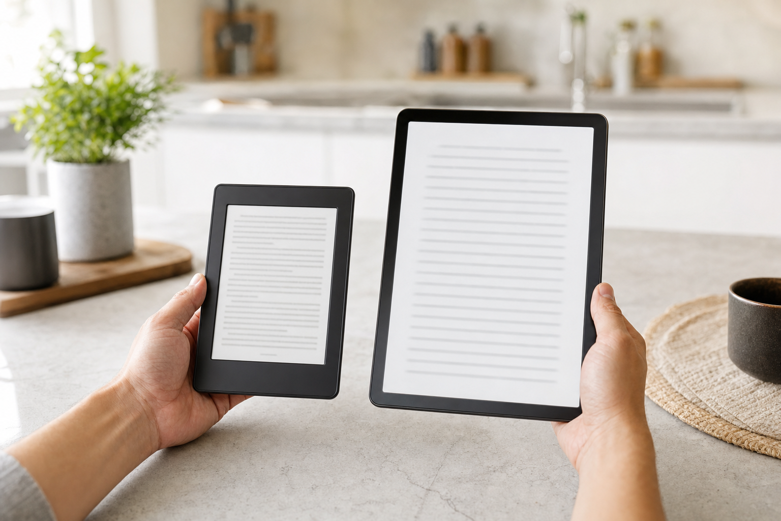 Hands comparing compact e-reader and medium-size tablet on kitchen counter