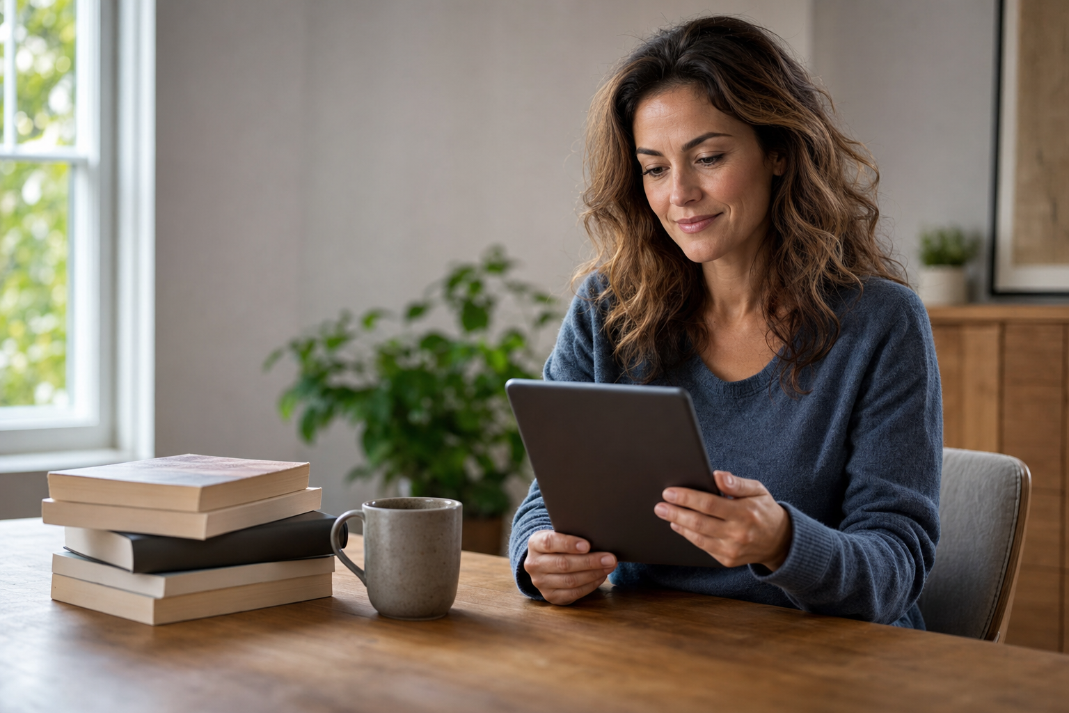 Mother reading on a tablet beside coffee mug and paperback books