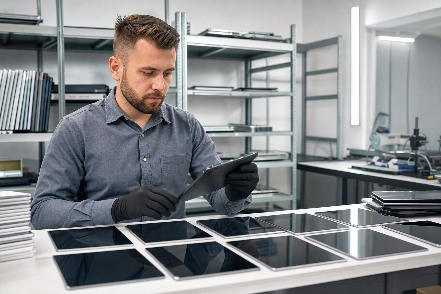 Certified electronics recycler sorting tested tablets for resale