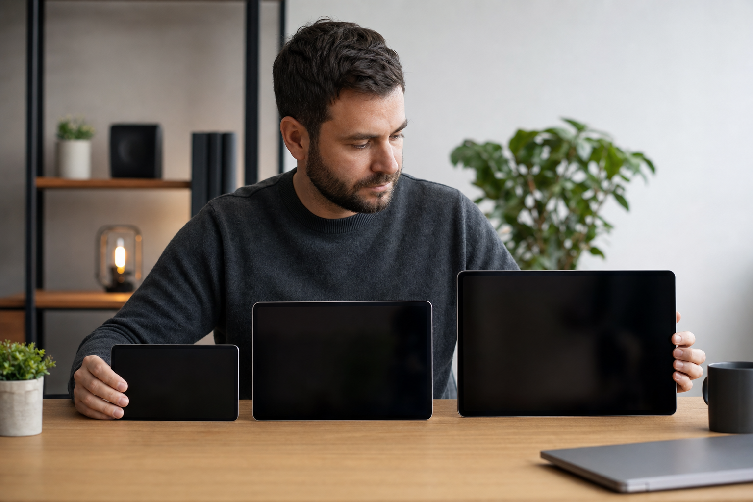 Person comparing tablet screen sizes on a desk at home
