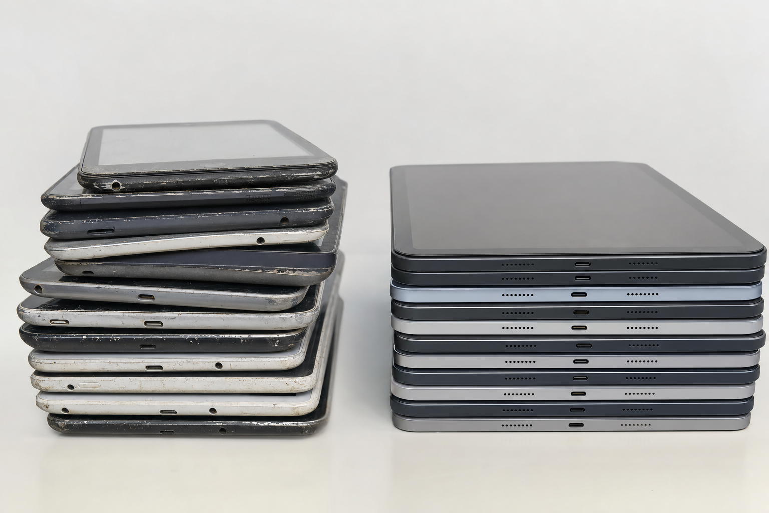 Stack of used and new tablets displayed side by side