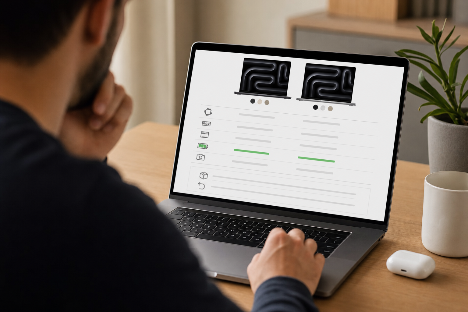 Buyer comparing MacBook Pro specs battery details and return policy on laptop screen