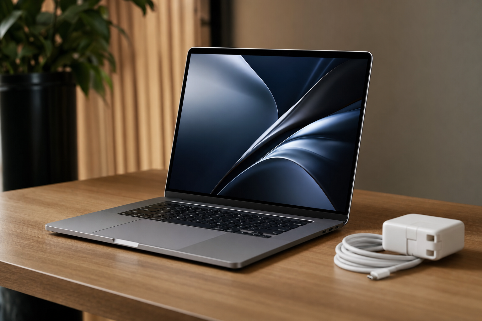 Space gray Apple MacBook Pro open on desk with charger beside it