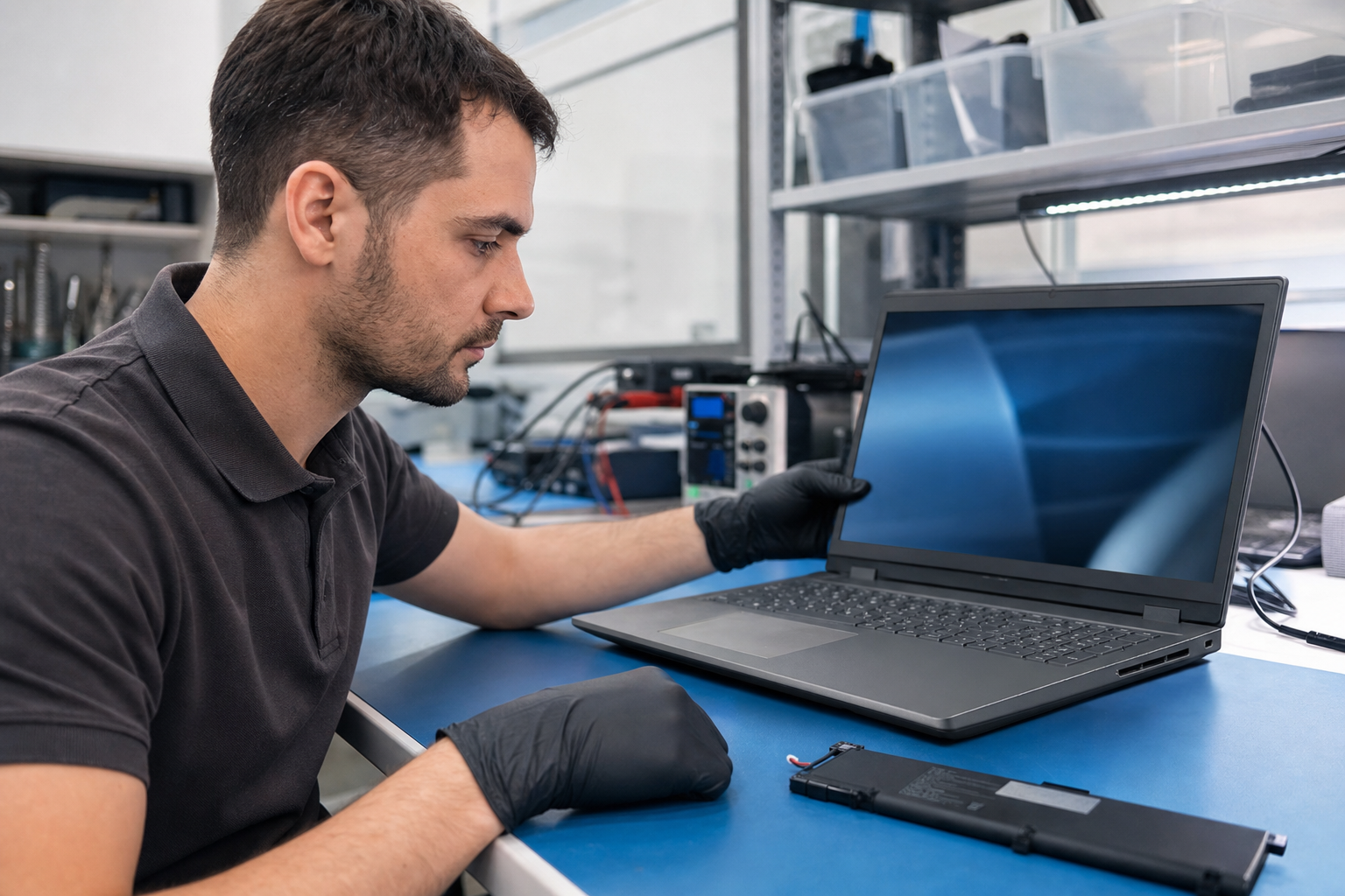 Technician inspecting used laptop battery health and screen condition at workstation