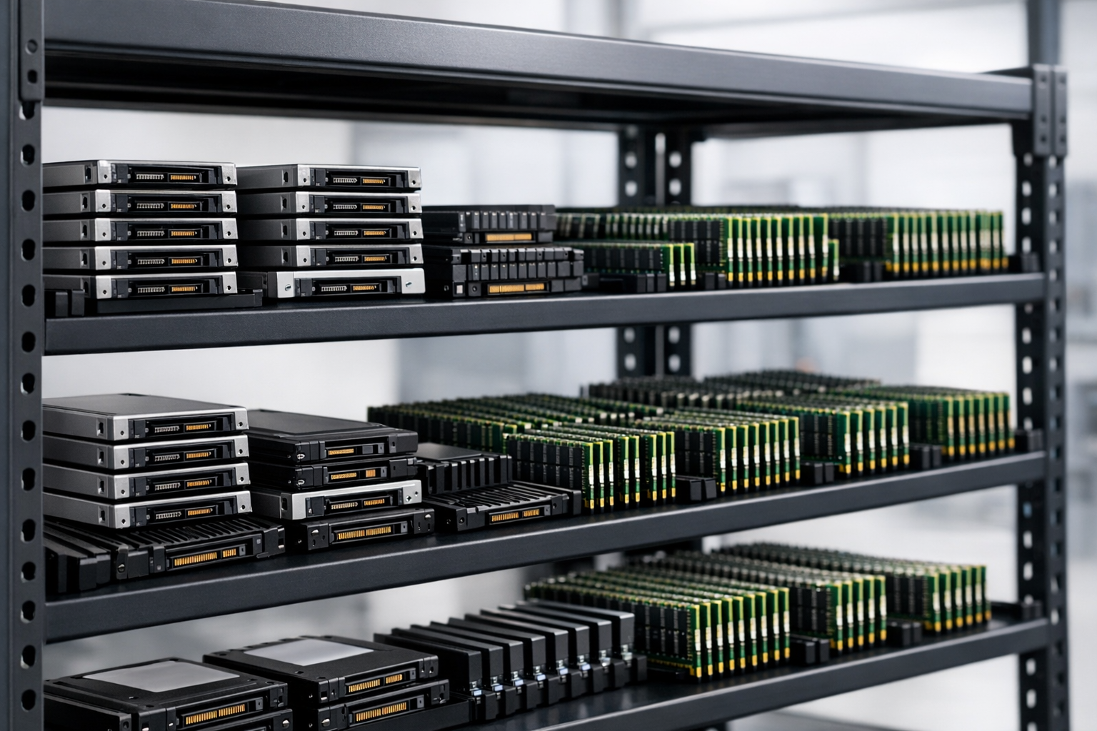 Shelves of enterprise SSDs and server memory awaiting testing and grading