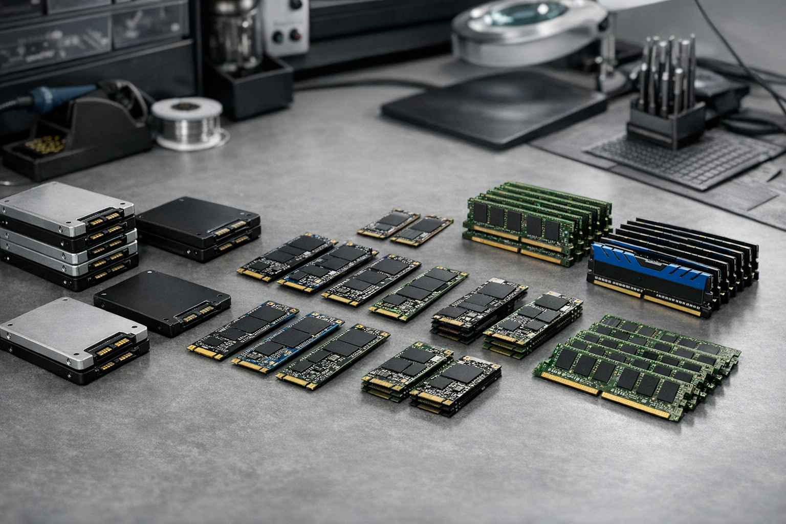 Open workstation bench with used SSDs and memory modules sorted by type