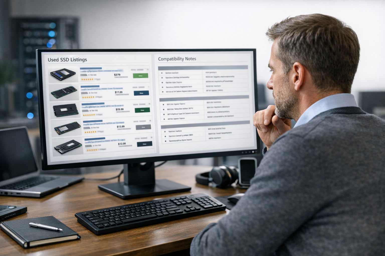 IT manager comparing used SSD listings and compatibility notes on desktop screen