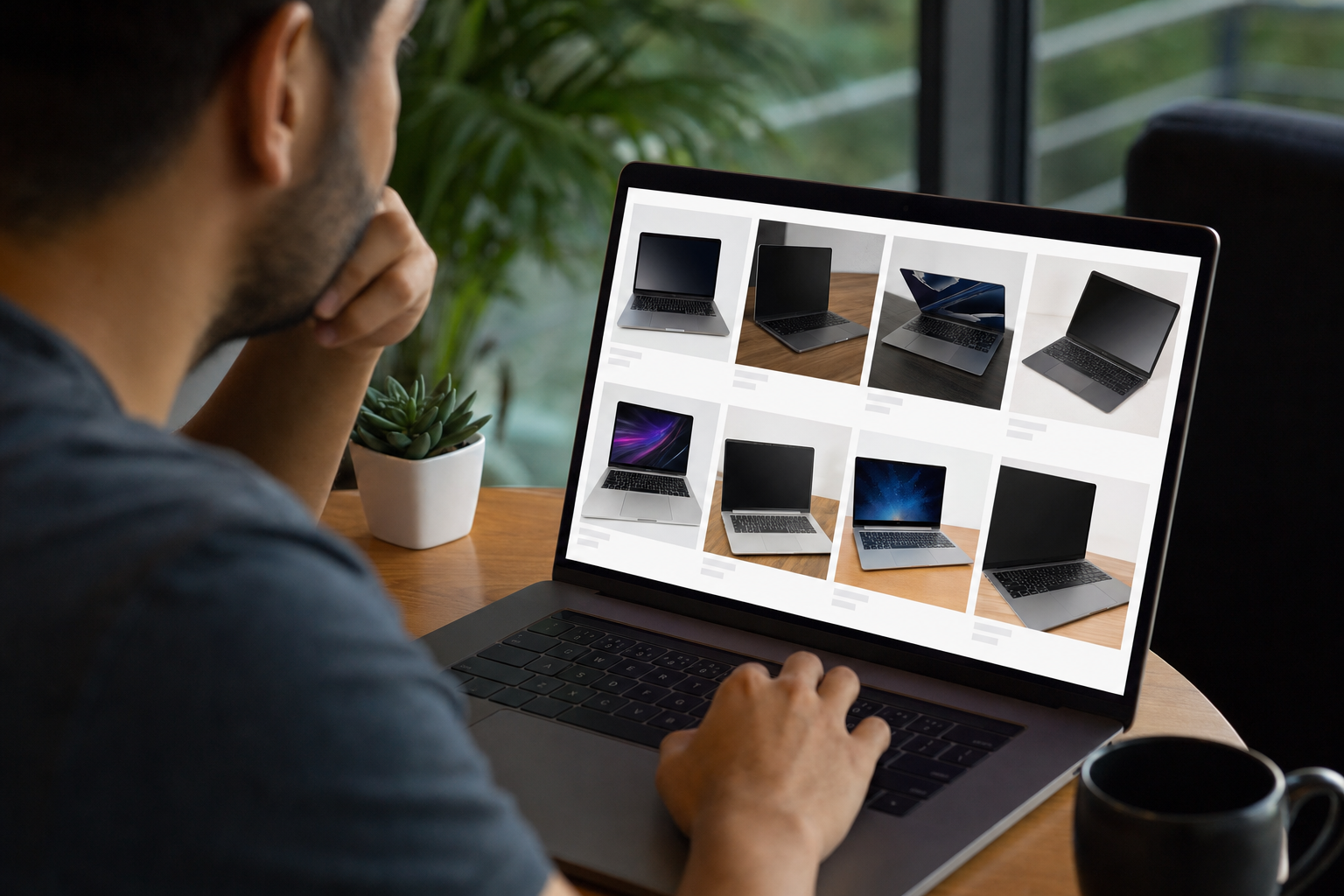 Buyer comparing used laptop listings on a marketplace search results page