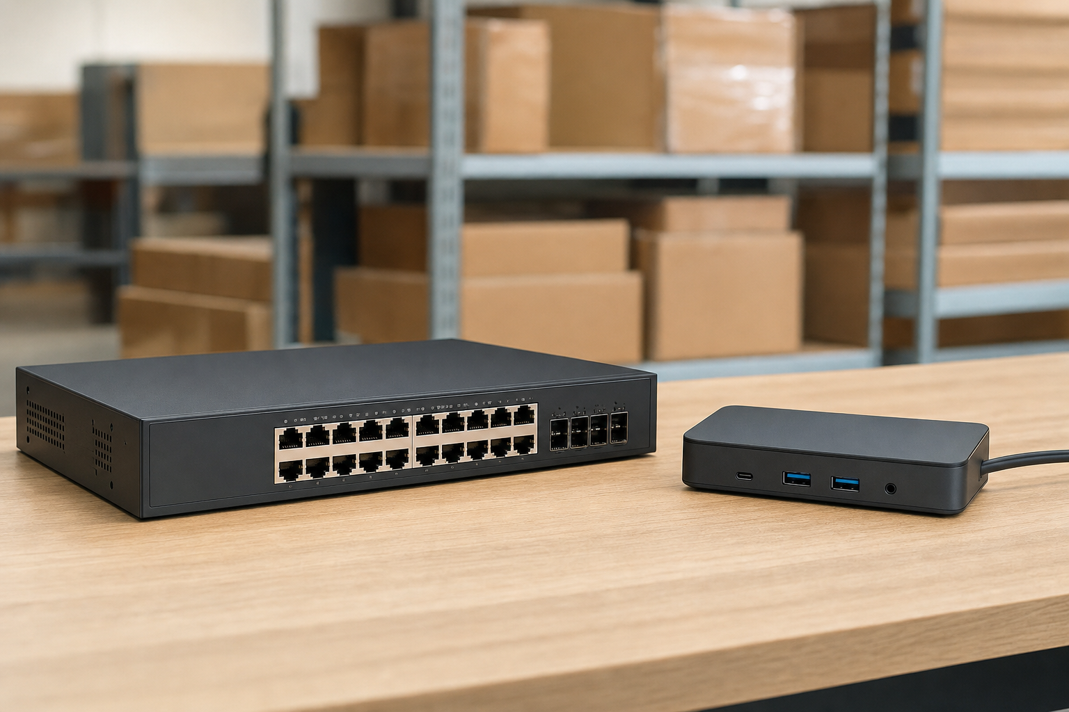 Used networking switch and laptop dock arranged on a warehouse packing bench