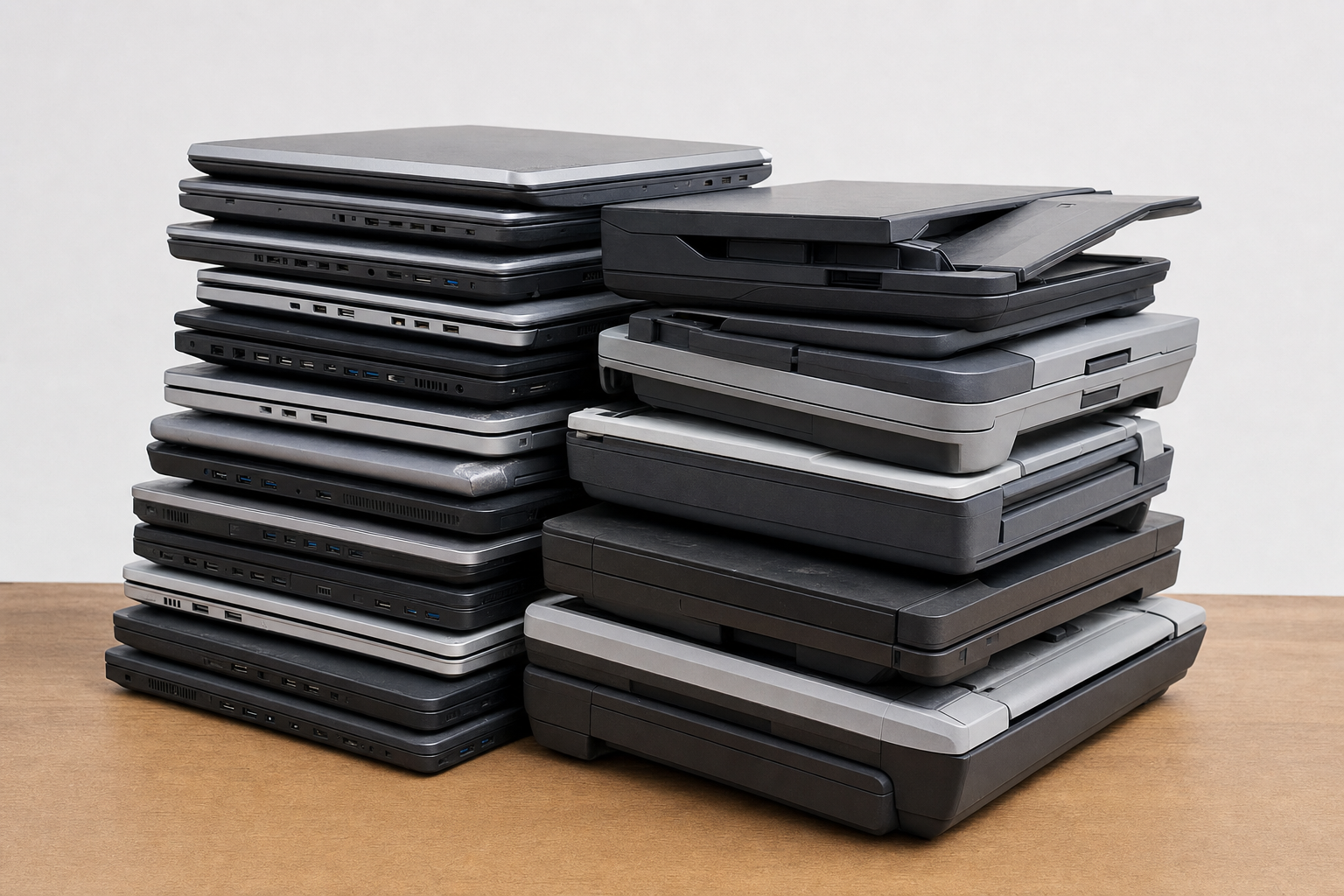 Stack of used laptops and scanners ready for inspection and grading