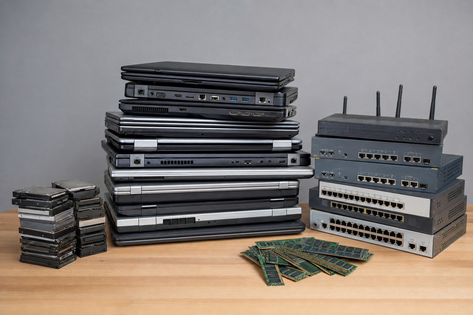 Stack of used laptops and networking gear sorted for reuse