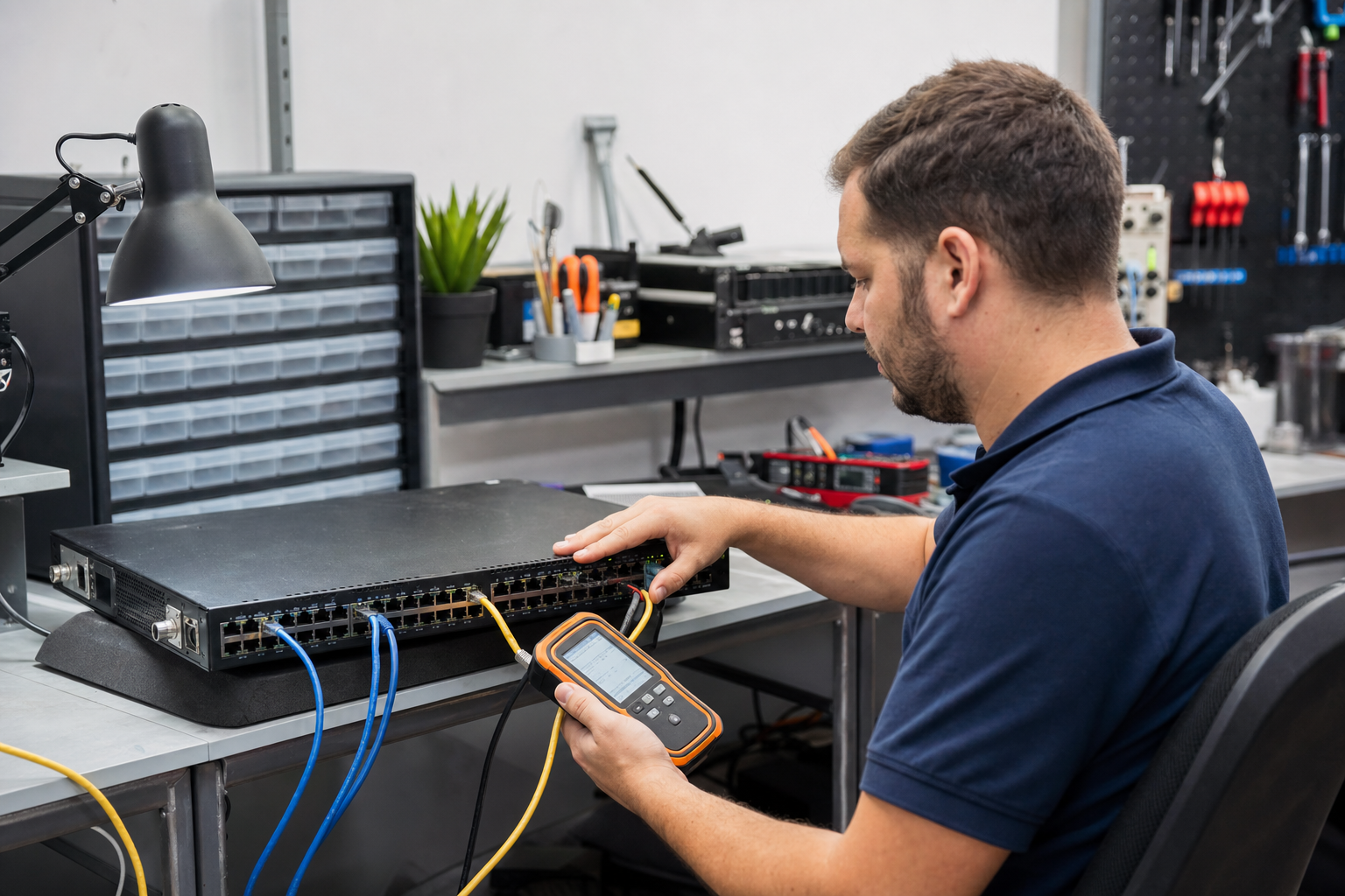 Technician testing used enterprise network switch on repair bench