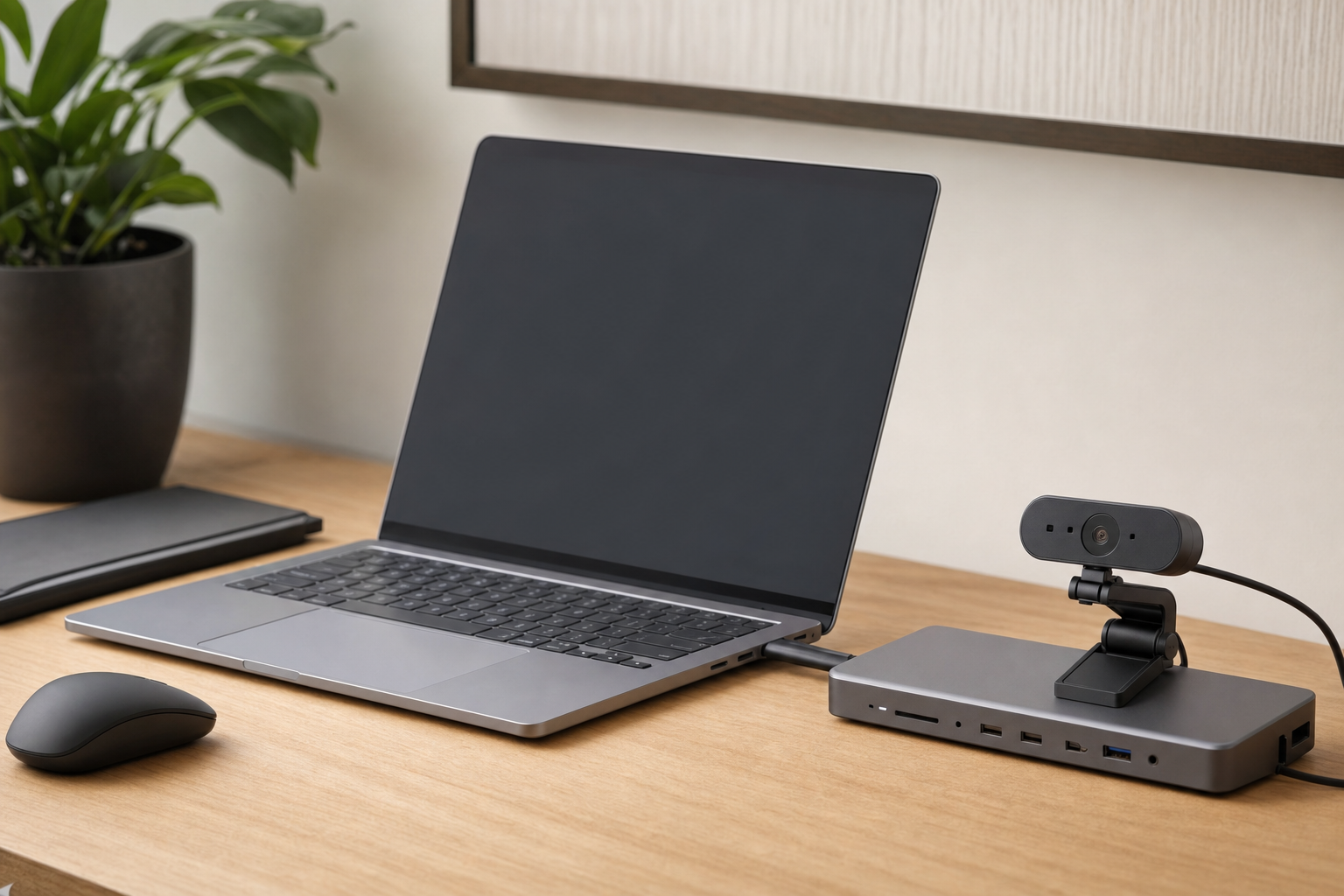 Used business laptop dock and webcam arranged on office desk