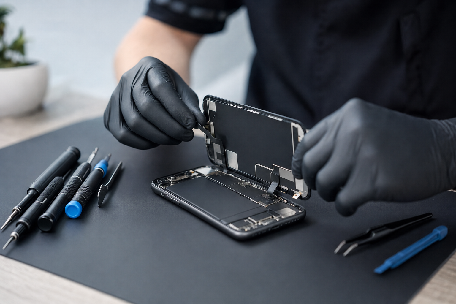 A technician replaces a screen on an iphone