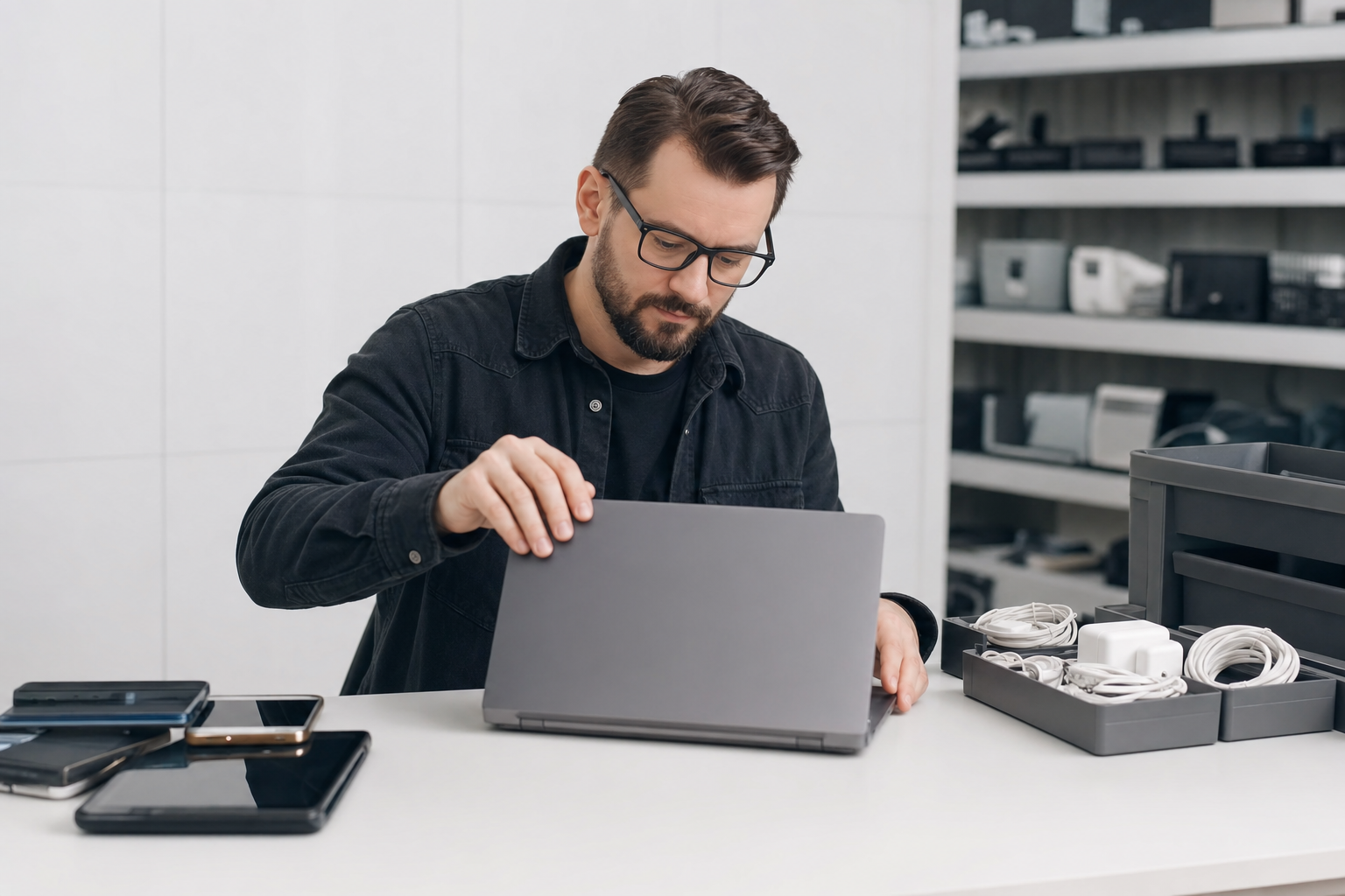 Technician opening a business laptop beside sorted reusable electronics