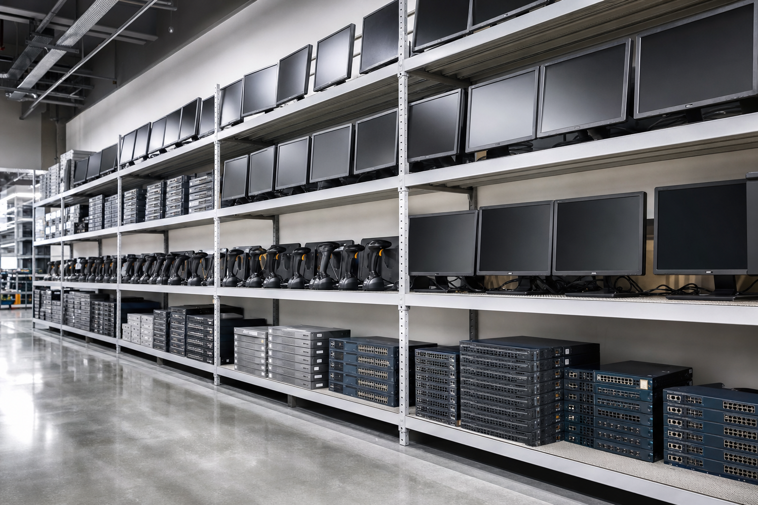 Warehouse shelves with tested monitors, switches, and scanners awaiting resale
